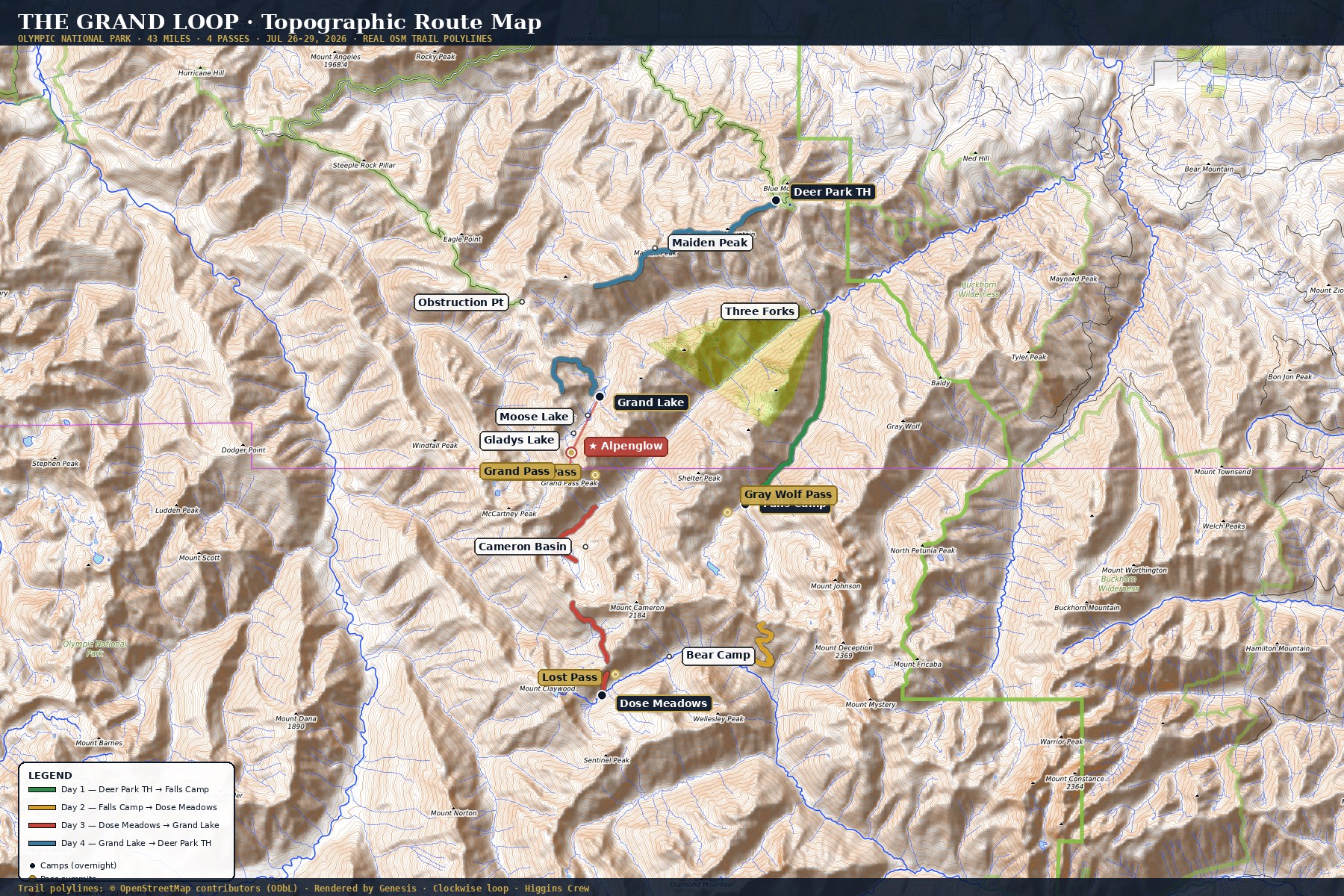 Grand Loop traced on OpenTopoMap showing clockwise 4-day route with Day 1 green, Day 2 gold, Day 3 red, Day 4 blue, and labeled waypoints for all camps and pass summits